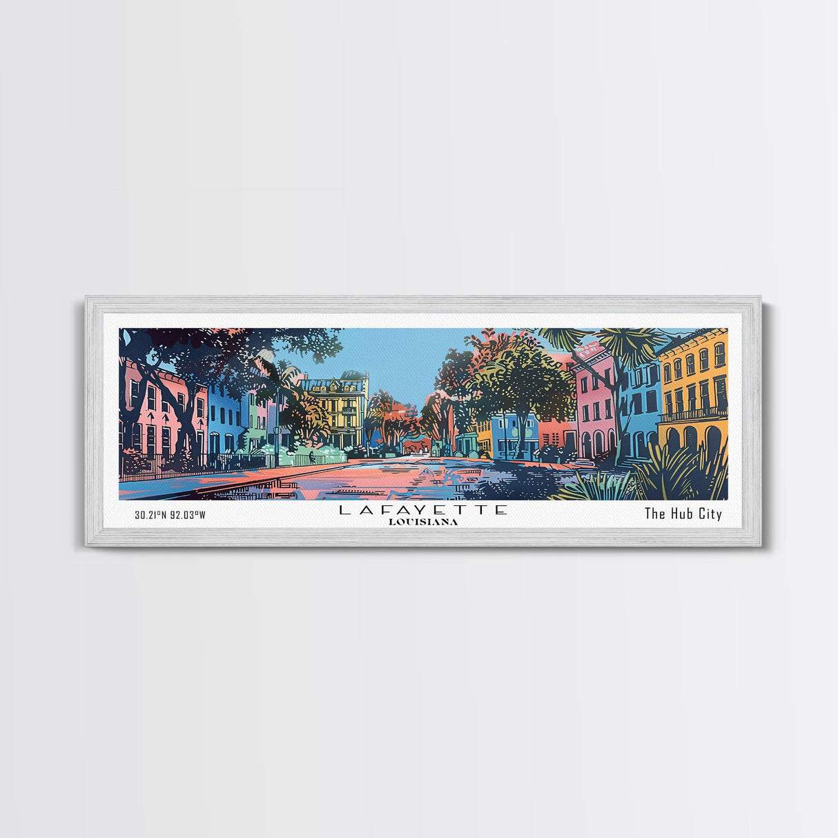 Lafayette Louisiana Panoramic Painting, Mid Century Modern Framed Canvas Print, Retro Pop Art Travel Poster, Home Wall Decor