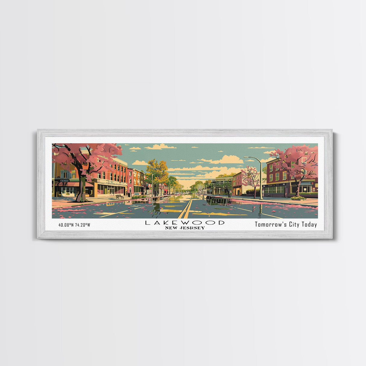 Lakewood New Jersey Panoramic Wall Art, Mid Century Modern Framed Canvas Print, Retro Pop Art Travel Poster, Living Room Art