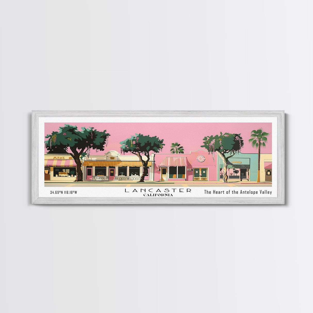 Lancaster California Panoramic Painting, Mid Century Modern Framed Canvas Print, Retro Pop Art Travel Poster, Home Decor