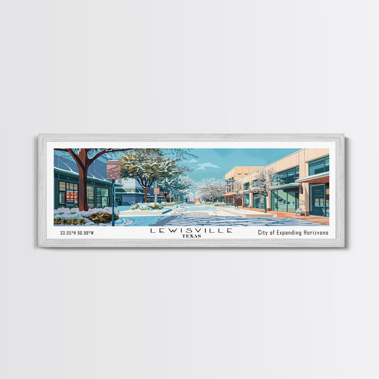 Lewisville Texas Panoramic Painting, Mid Century Modern Framed Canvas Print, Retro Pop Art Travel Poster, Living Room Decor