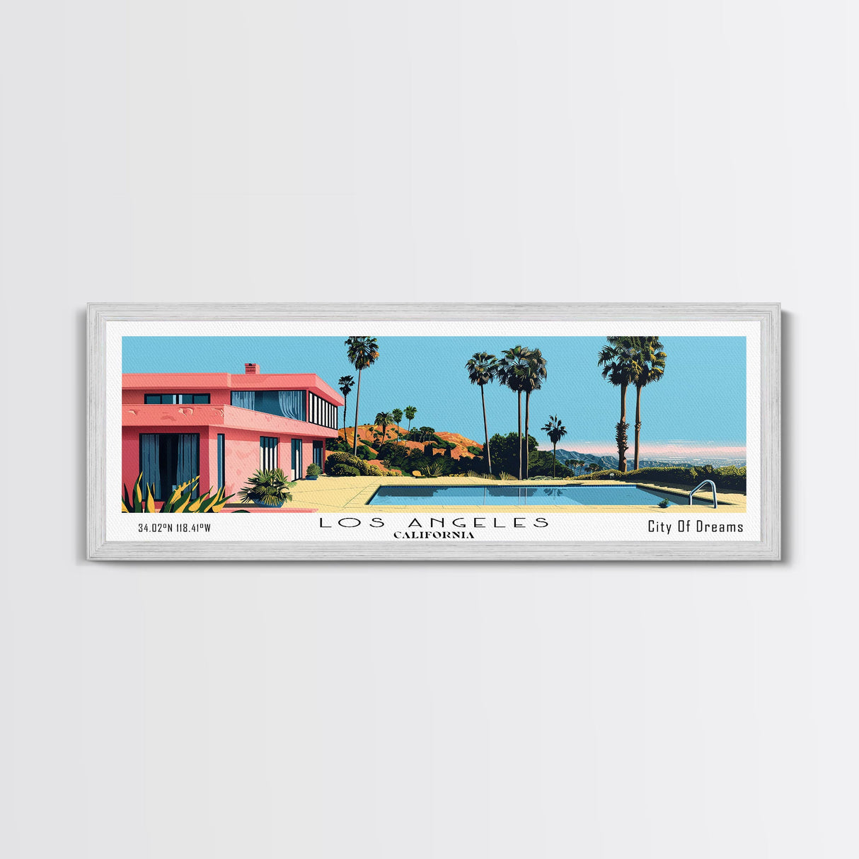 Los Angeles California Panoramic Wall Art, Mid Century Modern Framed Canvas Print, Retro Pop Art Travel Poster, Living Room Art