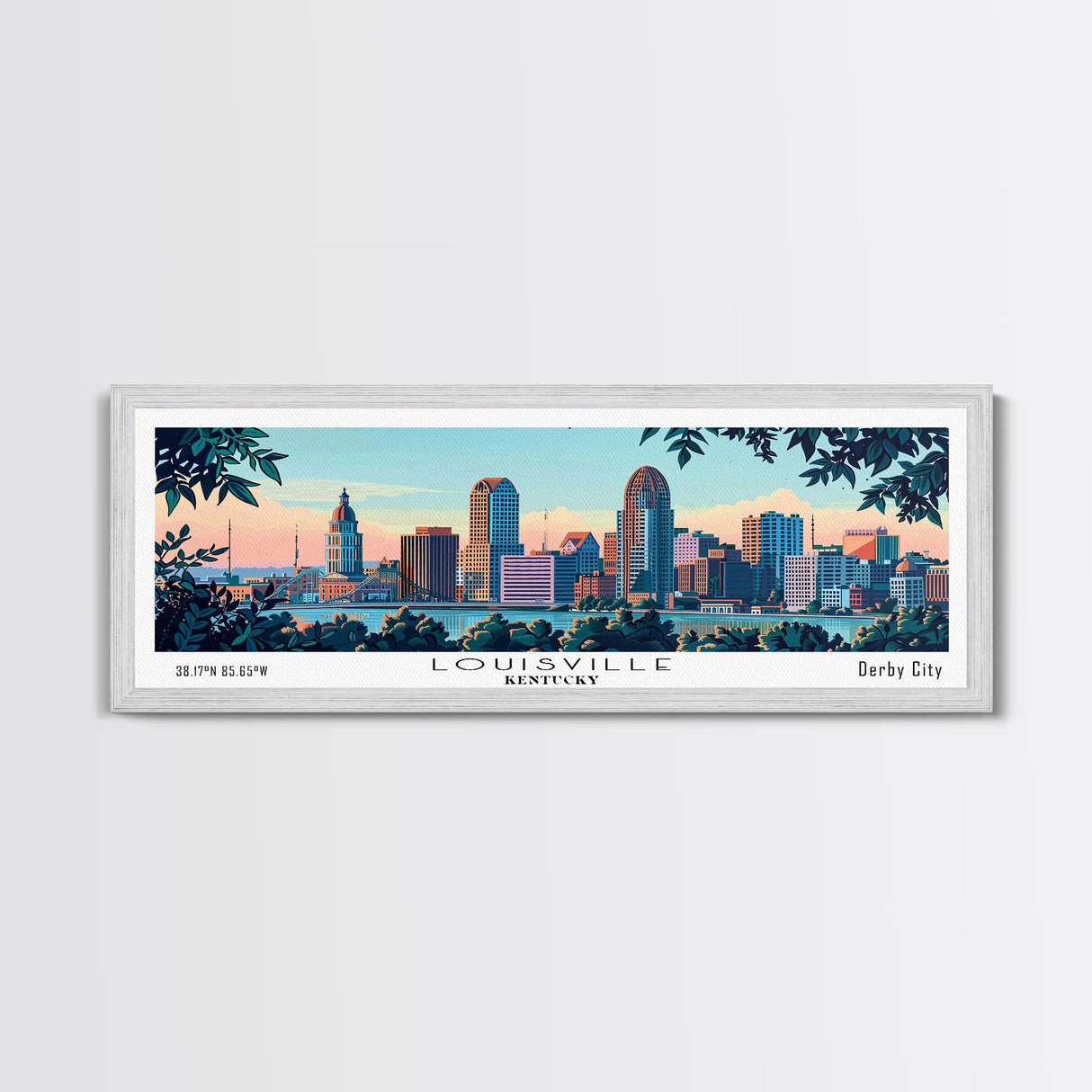 Louisville Kentucky Panoramic Wall Art, Mid Century Modern Framed Canvas Print, Retro Pop Art Travel Poster, Living Room Decor