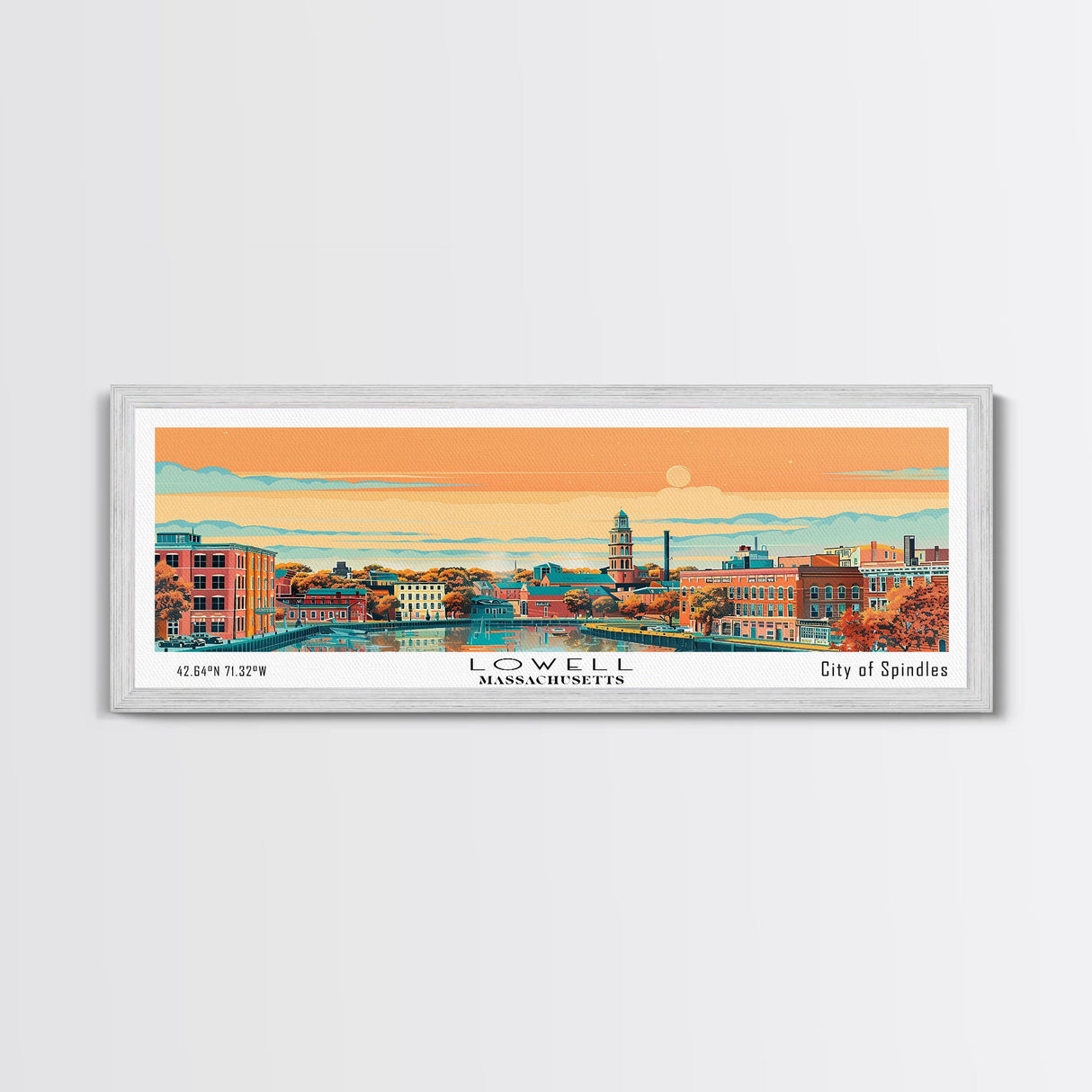 Lowell Mississippi Panoramic Painting, Mid Century Modern Framed Canvas Print, Retro Pop Art Travel Poster, Office Wall Art