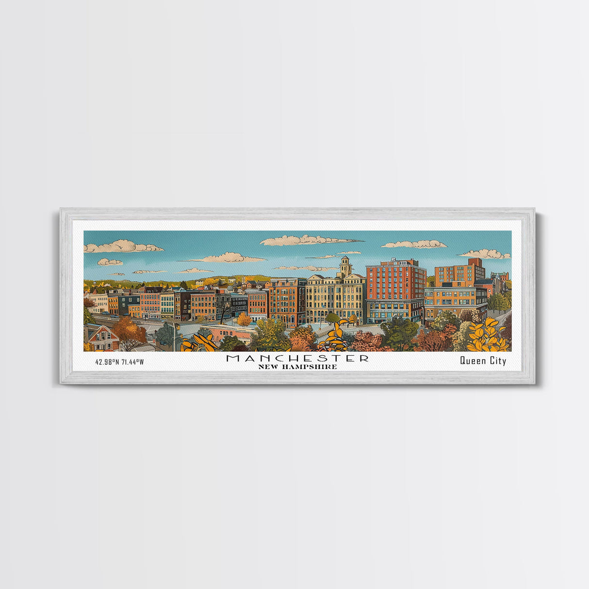 Manchester New Hampshire Panoramic Painting, Mid Century Modern Framed Canvas Print, Retro Pop Art Travel Poster, Living Room Decor