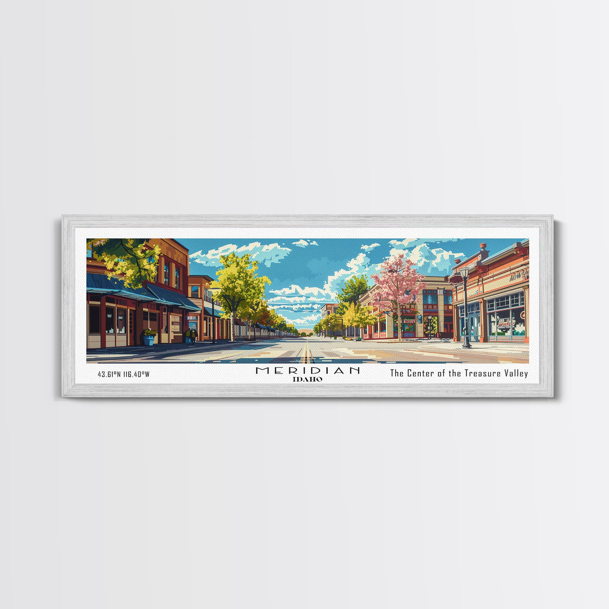 Meridian Idaho Panoramic Painting, Mid Century Modern Framed Canvas Print, Retro Pop Art Travel Poster, Home Decor