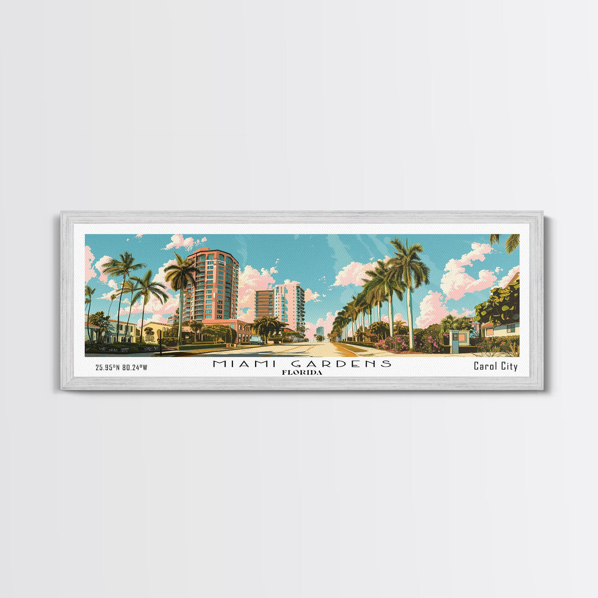 Miami Gardens Florida Panoramic Painting, Mid Century Modern Framed Canvas Print, Retro Pop Art Travel Poster, Home Wall Decor