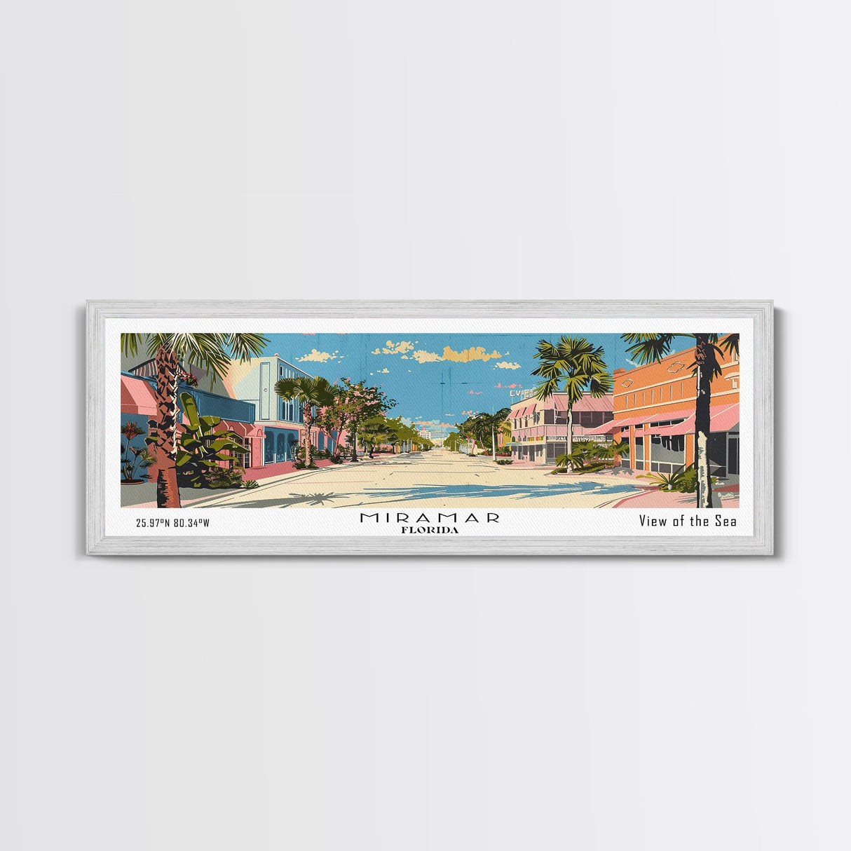 Miramar Florida Panoramic Painting, Mid Century Modern Framed Canvas Print, Retro Pop Art Travel Poster, Office Wall Art