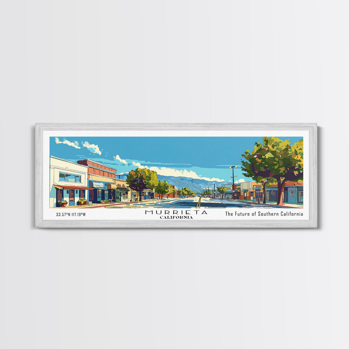 Murrieta California Panoramic Painting, Mid Century Modern Framed Canvas Print, Retro Pop Art Travel Poster, Living Room Decor