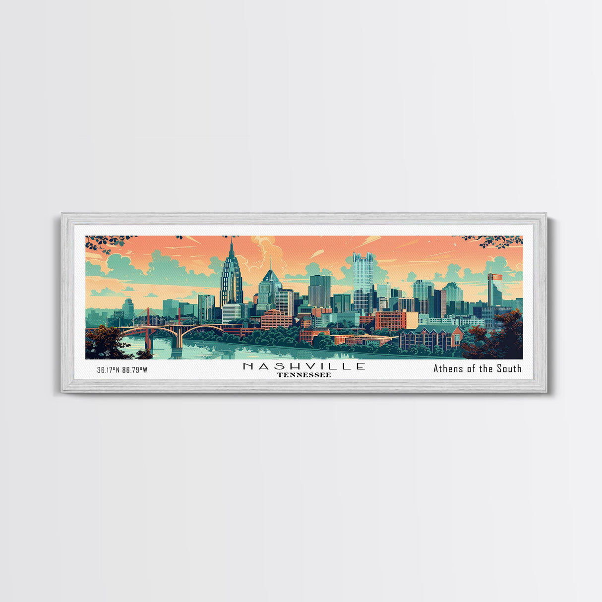 Nashville Tennessee Panoramic Wall Art, Mid Century Modern Framed Canvas Print, Retro Pop Art Travel Poster, Home Wall Decor