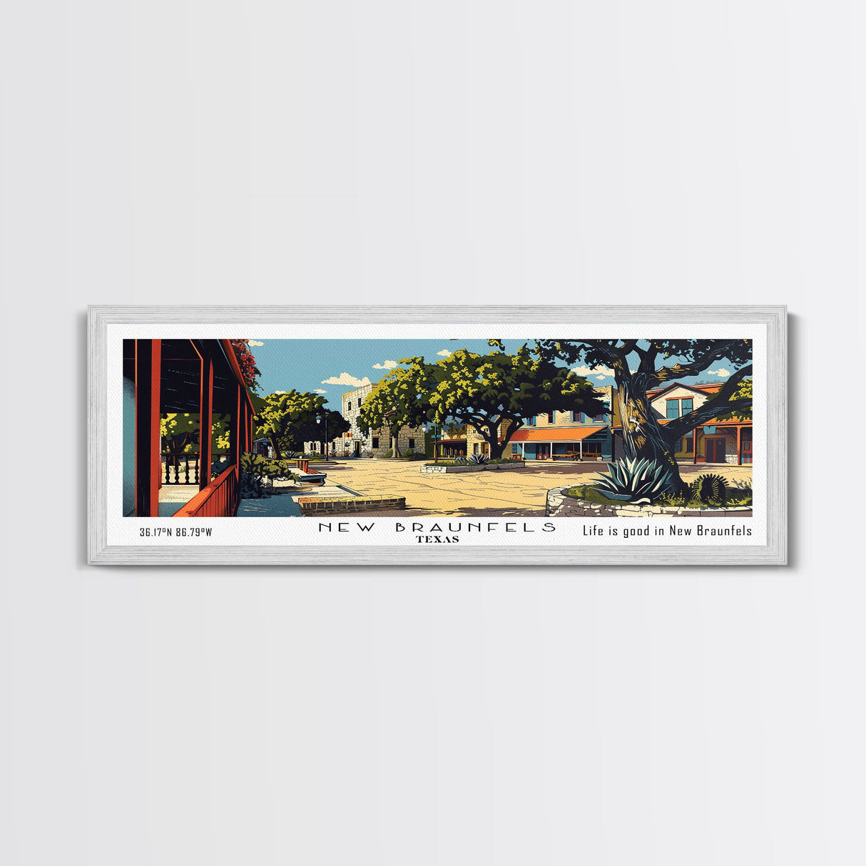 New Braunfels Texas Panoramic Painting, Mid Century Modern Framed Canvas Print, Retro Pop Art Travel Poster, Home Wall Art