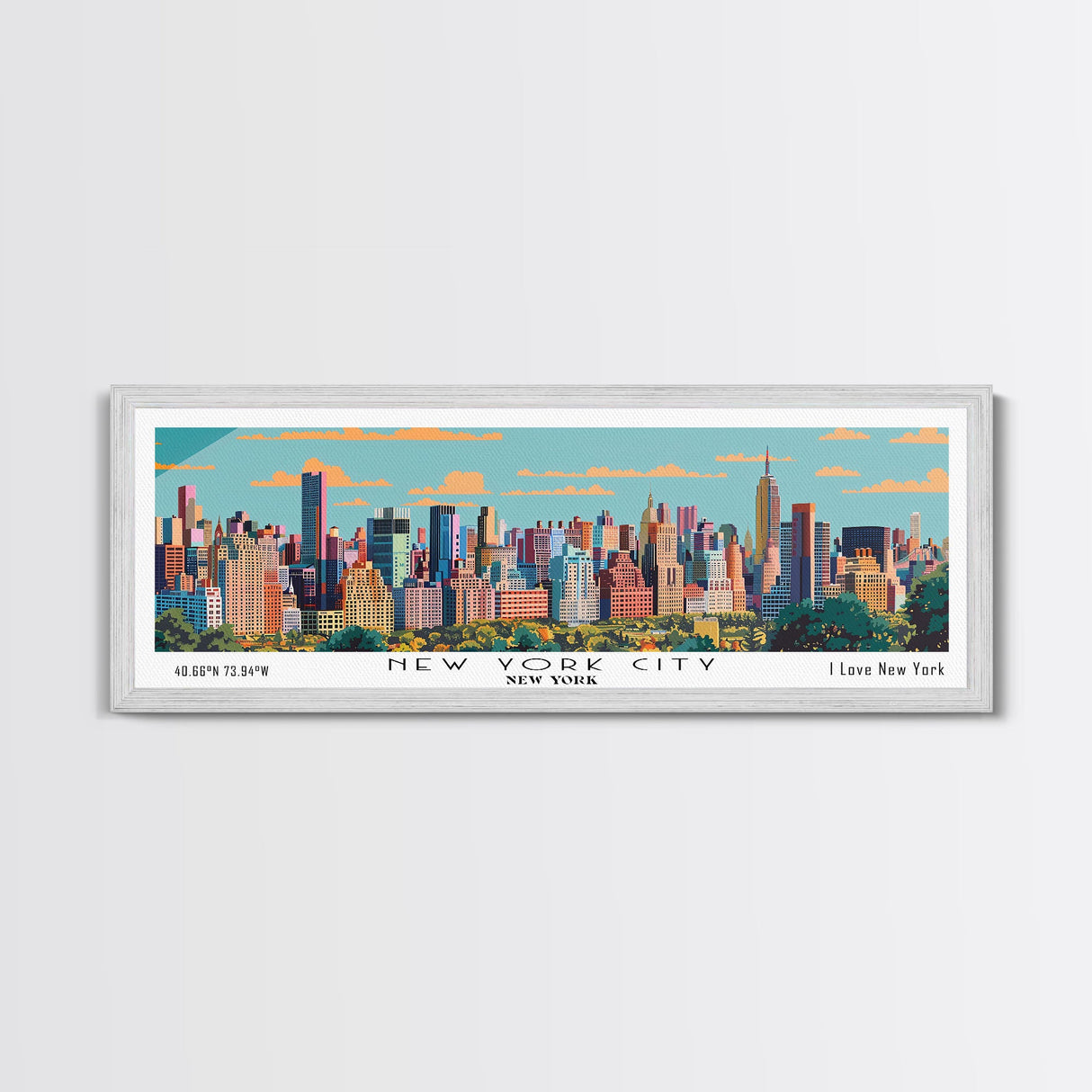 New York New York Panoramic Painting, Mid Century Modern Framed Canvas Print, Retro Pop Art Travel Poster, City Art, Office Wall Decor, Living Room Art