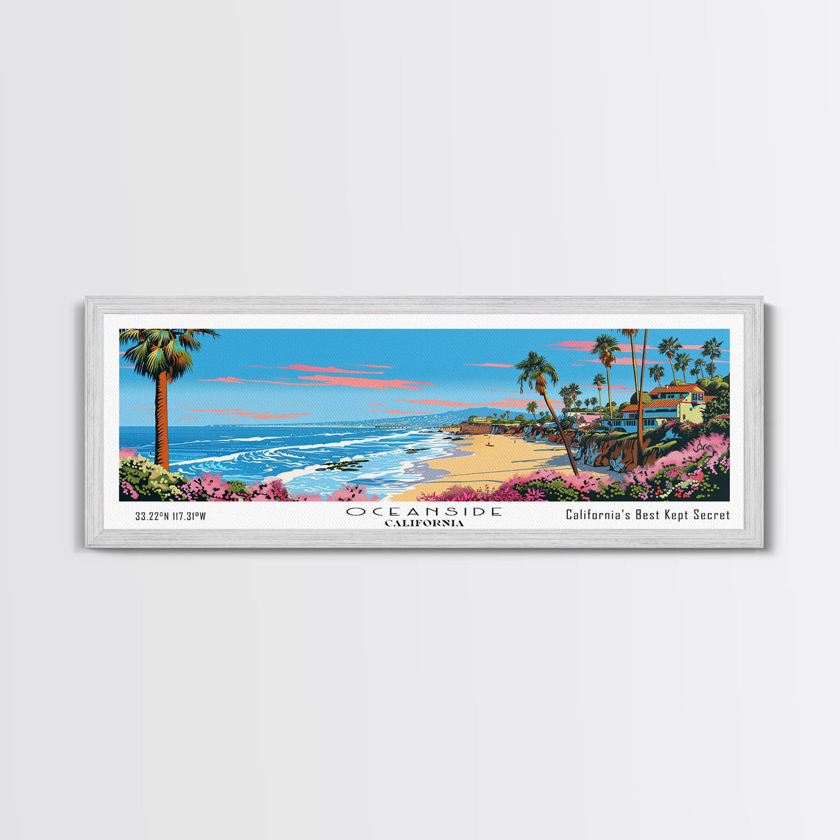 Oceanside California Panoramic Wall Art, Mid Century Modern Framed Canvas Print, Retro Pop Art Travel Poster, City Art, Office Wall Decor, Living Room Art