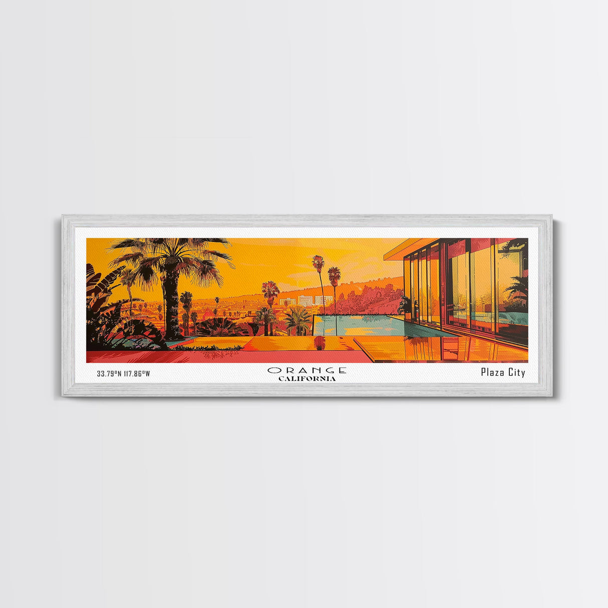 Orange California Panoramic Painting, Mid Century Modern Framed Canvas Print, Retro Pop Art Travel Poster, City Art, Office Wall Decor, Living Room Art