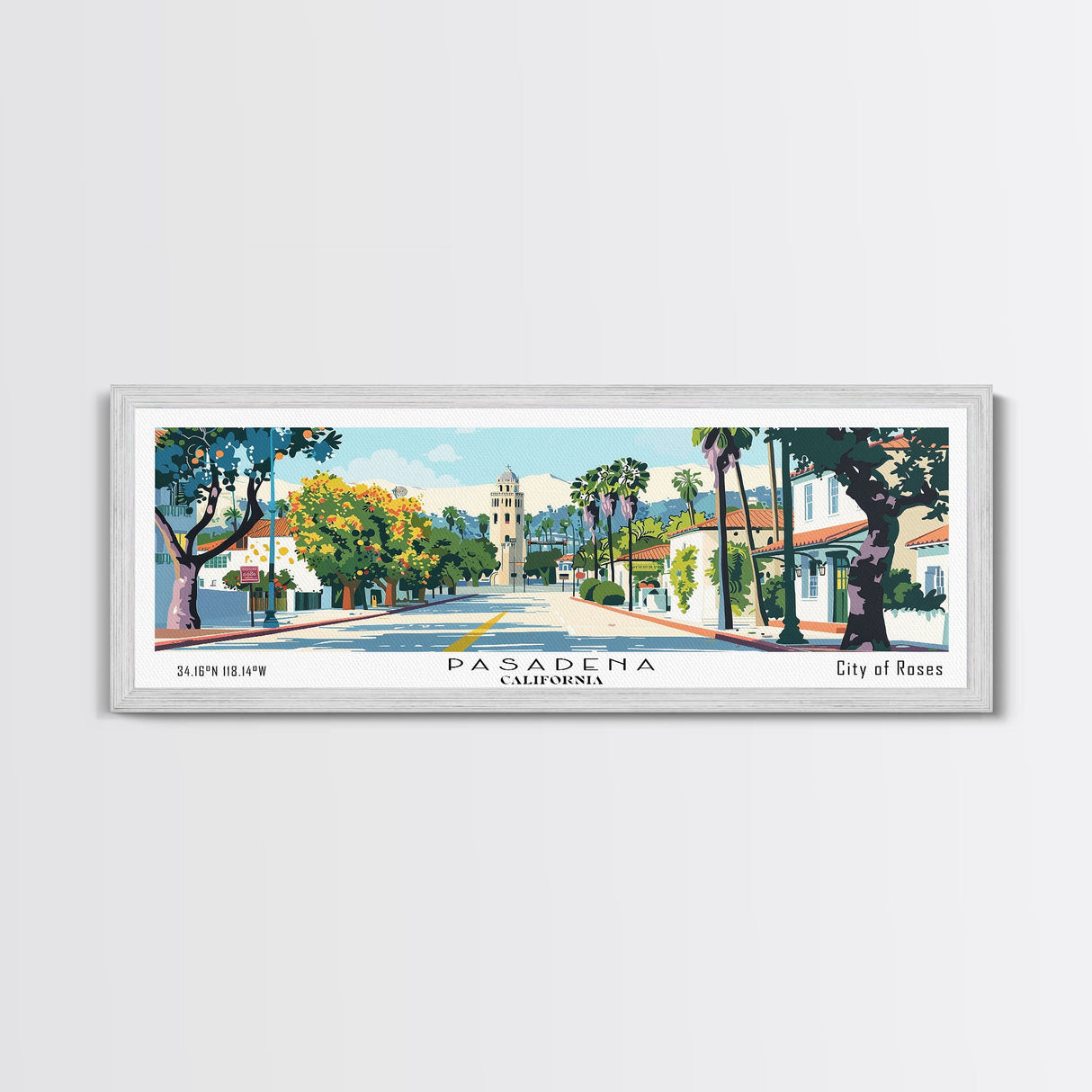 Pasadena California Panoramic Painting, Mid Century Modern Framed Canvas Print, Retro Pop Art Travel Poster, City Art, Office Wall Decor, Living Room Art