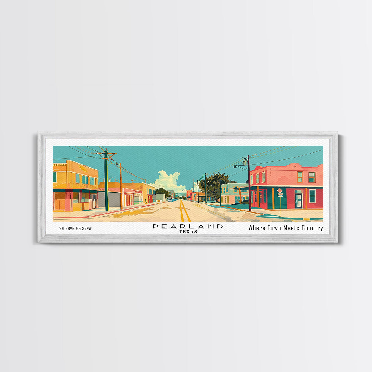 Pearland Texas Panoramic Painting, Mid Century Modern Framed Canvas Print, Retro Pop Art Travel Poster, City Art, Office Wall Decor, Living Room Art