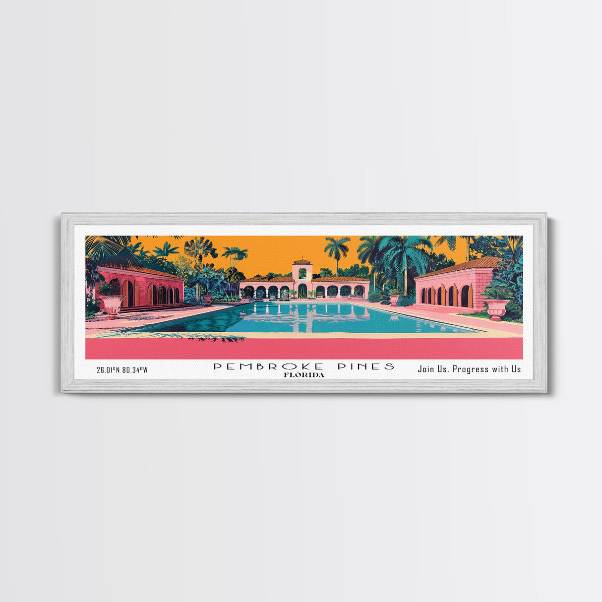 Pembroke Pines Florida Panoramic Wall Art, Mid Century Modern Framed Canvas Print, Retro Pop Art Travel Poster, City Art, Office Wall Decor, Living Room Art