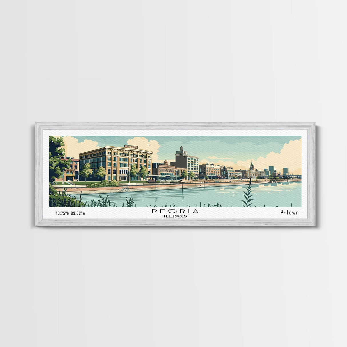 Peoria Illinois Panoramic Painting, Mid Century Modern Framed Canvas Print, Retro Pop Art Travel Poster, City Art, Office Wall Decor, Living Room Art