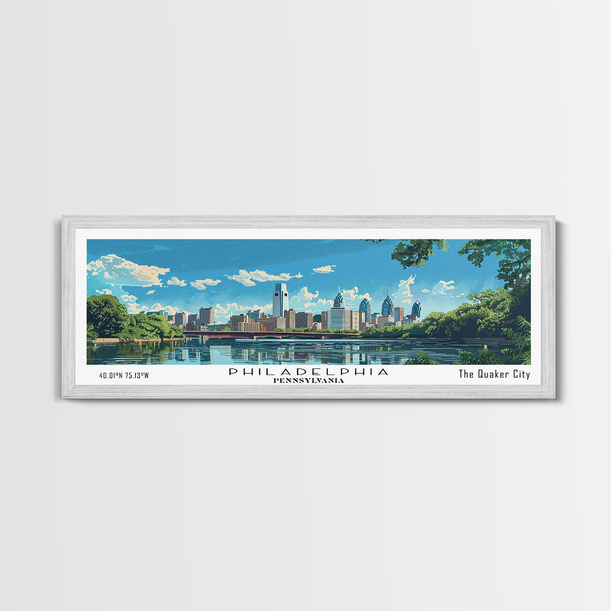 Philadelphia Pennsylvania Panoramic Painting, Mid Century Modern Framed Canvas Print, Retro Pop Art Travel Poster, City Art, Office Wall Decor, Living Room Art