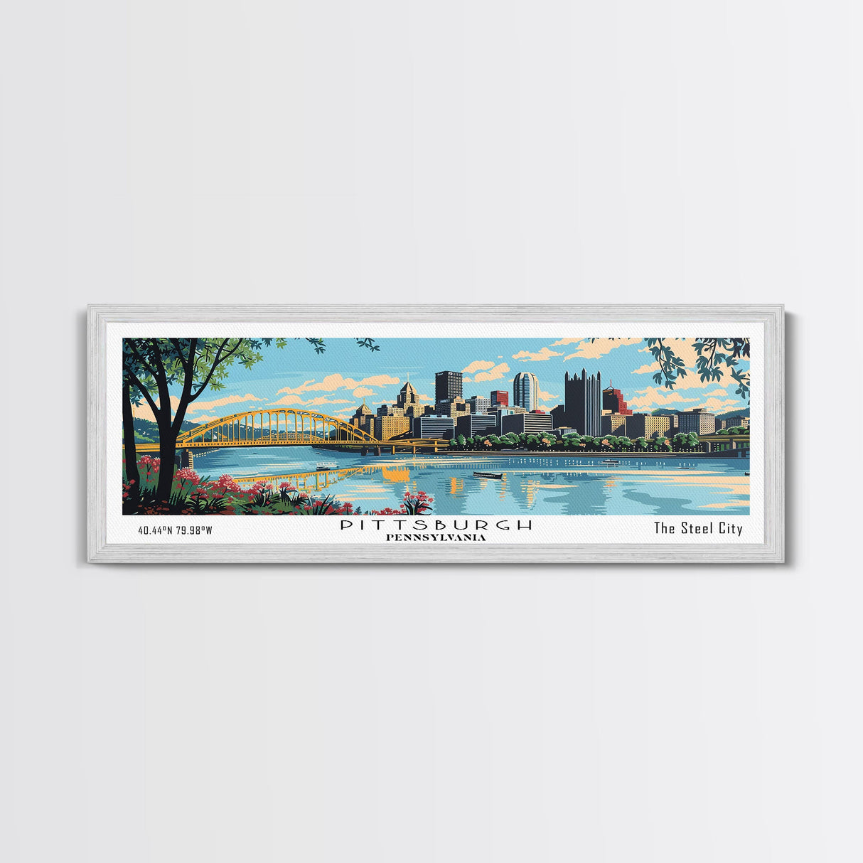 Pittsburgh Pennsylvania Panoramic Wall Art, Mid Century Modern Framed Canvas Print, Retro Pop Art Travel Poster, City Art, Office Wall Decor, Living Room Art