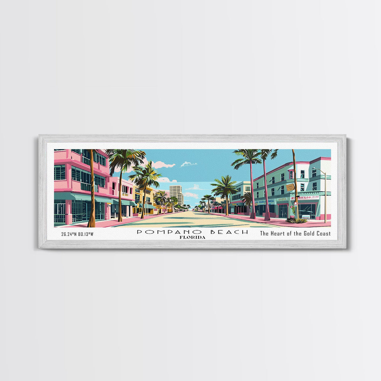 Pompano Beach Florida Panoramic Painting, Mid Century Modern Framed Canvas Print, Retro Pop Art Travel Poster, City Art, Office Wall Decor, Living Room Art