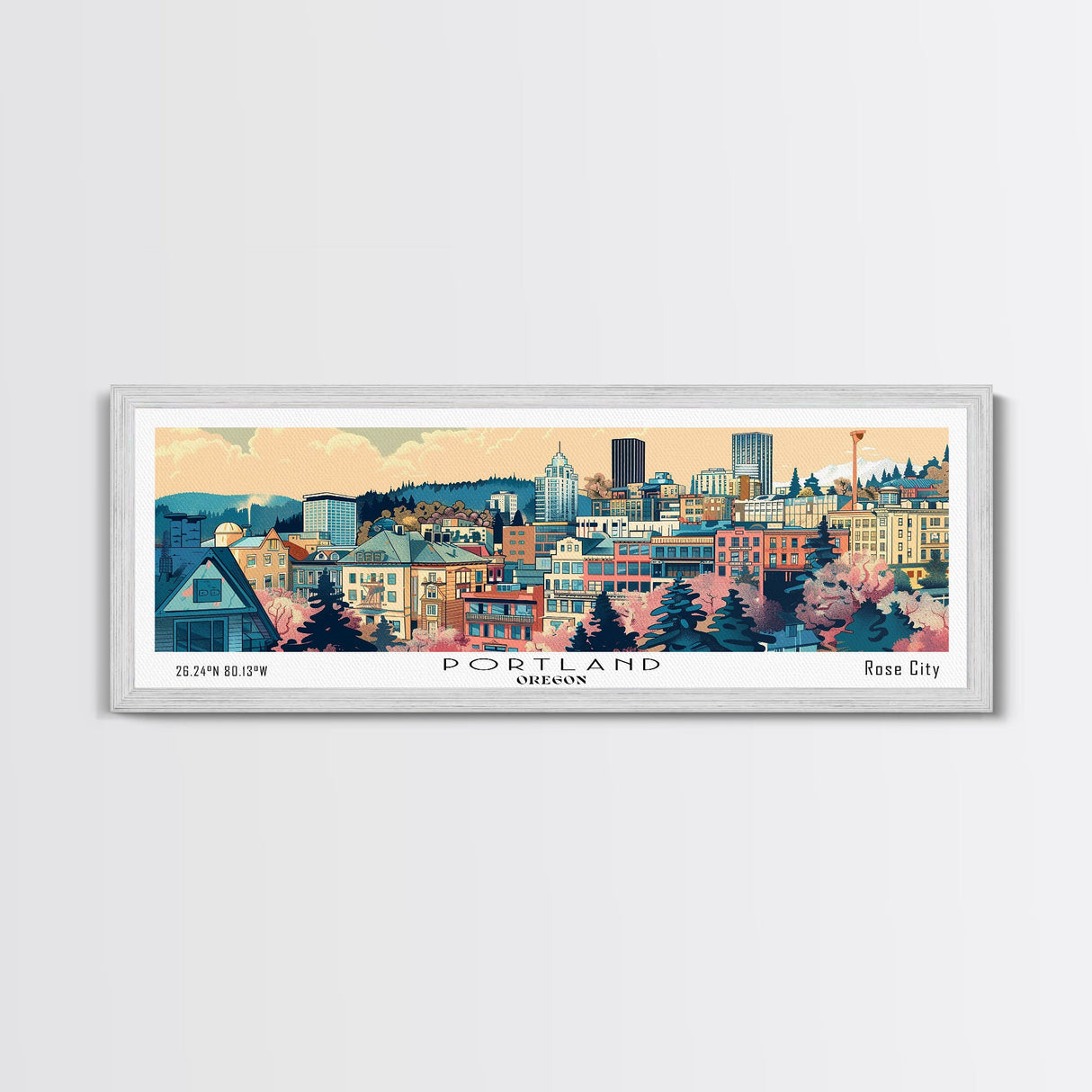 Portland Oregon Panoramic Wall Art, Mid Century Modern Framed Canvas Print, Retro Pop Art Travel Poster, City Art, Office Wall Decor, Living Room Art