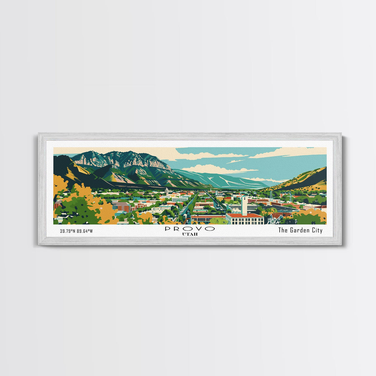 Provo Utah Panoramic Painting, Mid Century Modern Framed Canvas Print, Retro Pop Art Travel Poster, City Art, Office Wall Decor, Living Room Art