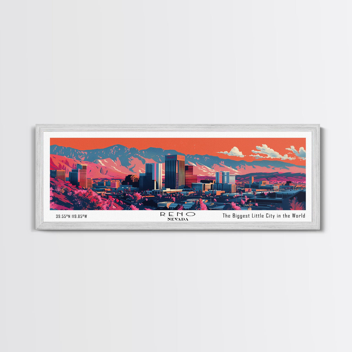 Reno Nevada Panoramic Painting, Mid Century Modern Framed Canvas Print, Retro Pop Art Travel Poster, City Art, Office Wall Decor, Living Room Art