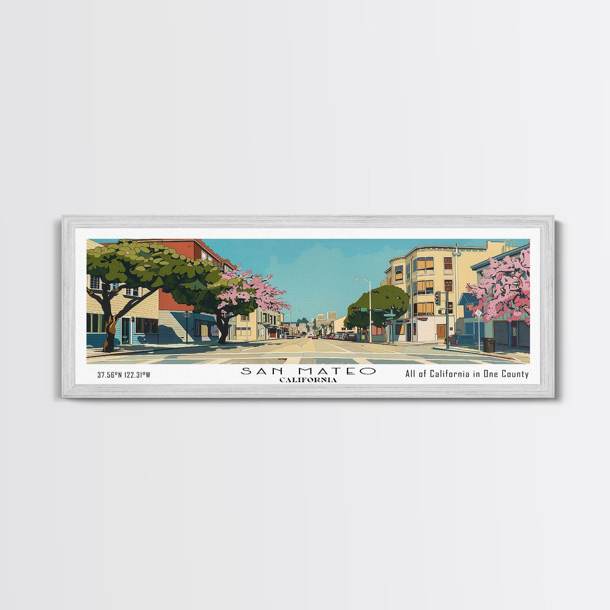 San Mateo California Panoramic Wall Art, Mid Century Modern Framed Canvas Print, Retro Pop Art Travel Poster, City Art, Office Wall Decor, Living Room Art