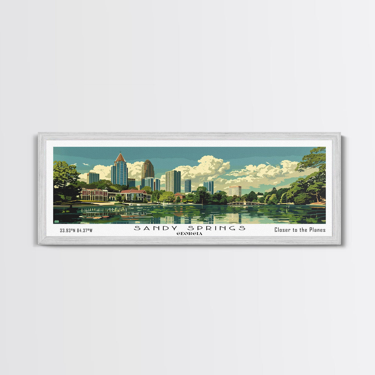 Sandy Springs Georgia Panoramic Painting, Mid Century Modern Framed Canvas Print, Retro Pop Art Travel Poster, City Art, Office Wall Decor, Living Room Art