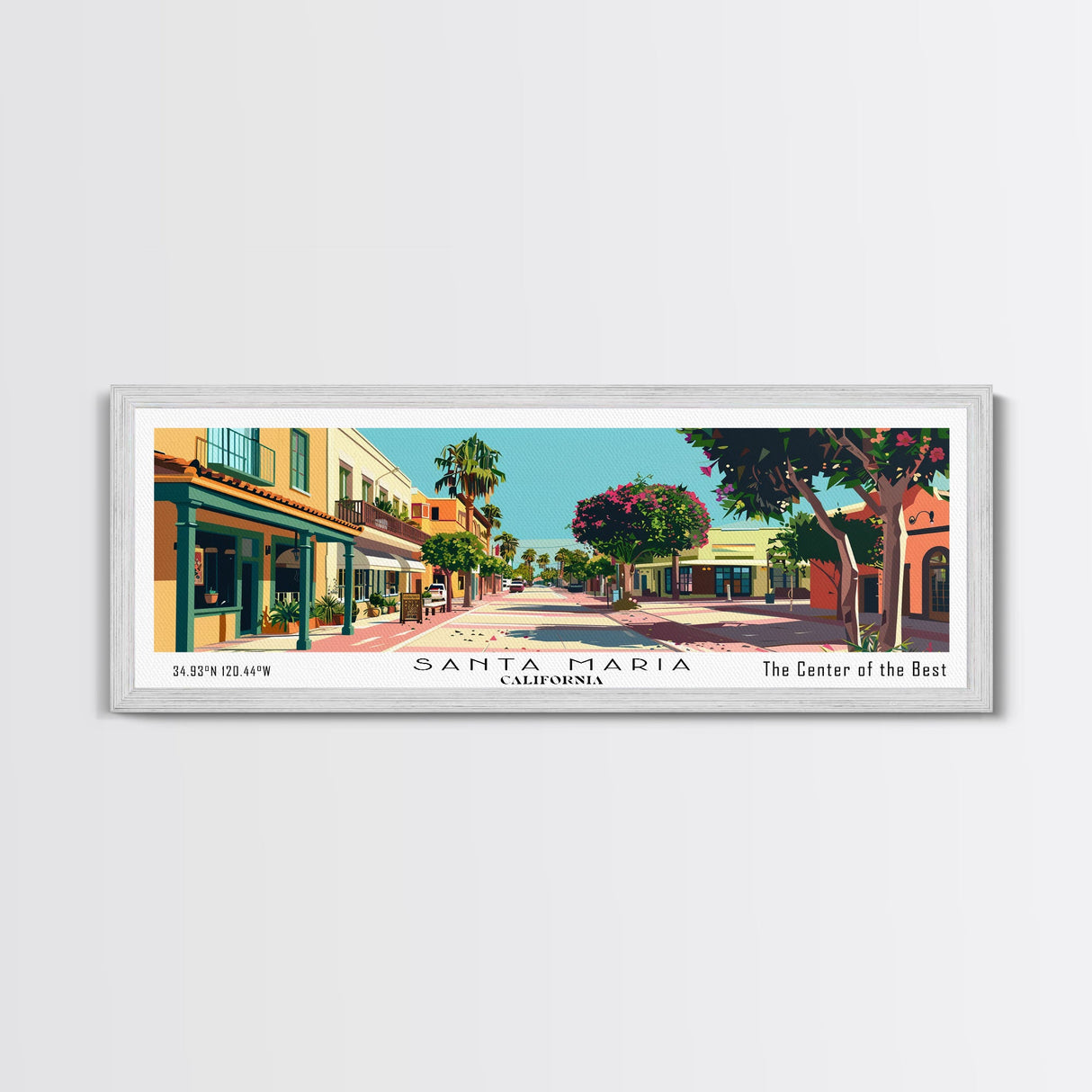 Santa Maria California Panoramic Painting, Mid Century Modern Framed Canvas Print, Retro Pop Art Travel Poster, Home and Office Wall Art Decor