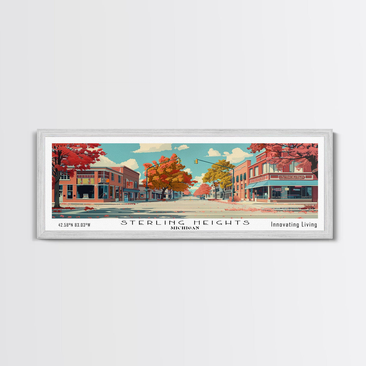 Sterling Heights Michigan Panoramic Art, Mid Century Modern Framed Canvas Print, Retro Pop Art Travel Poster, Office Wall Art, Home Decoration