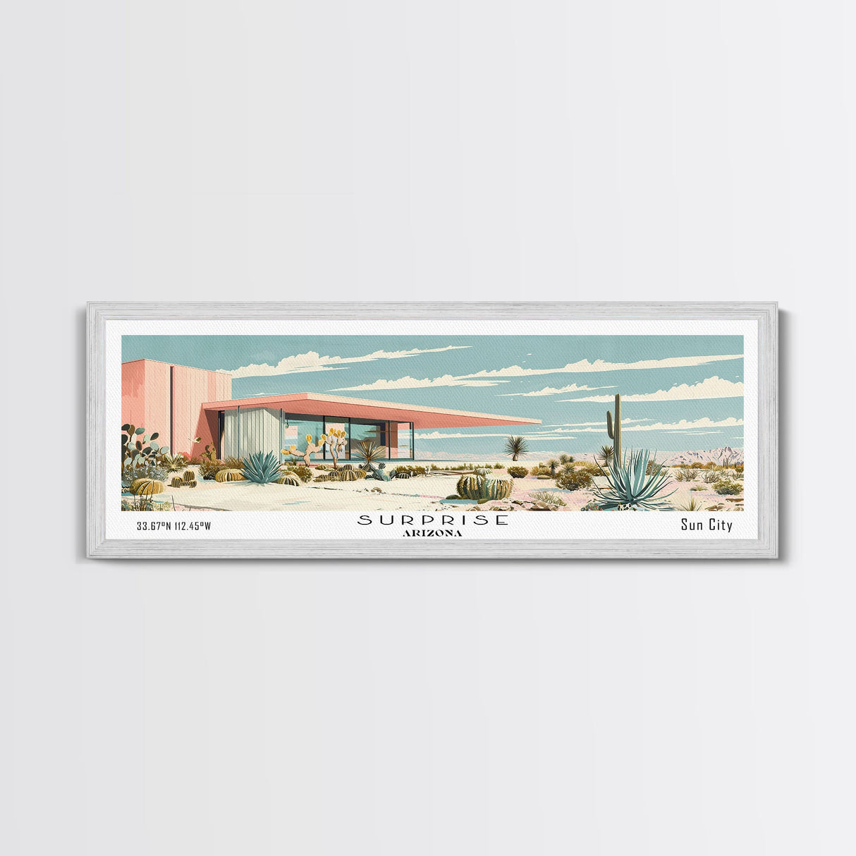 Surprise Arizona Panoramic Wall Art, Mid Century Modern Framed Canvas Print, Retro Pop Art Travel Poster, Office Wall Decor and Gift Idea