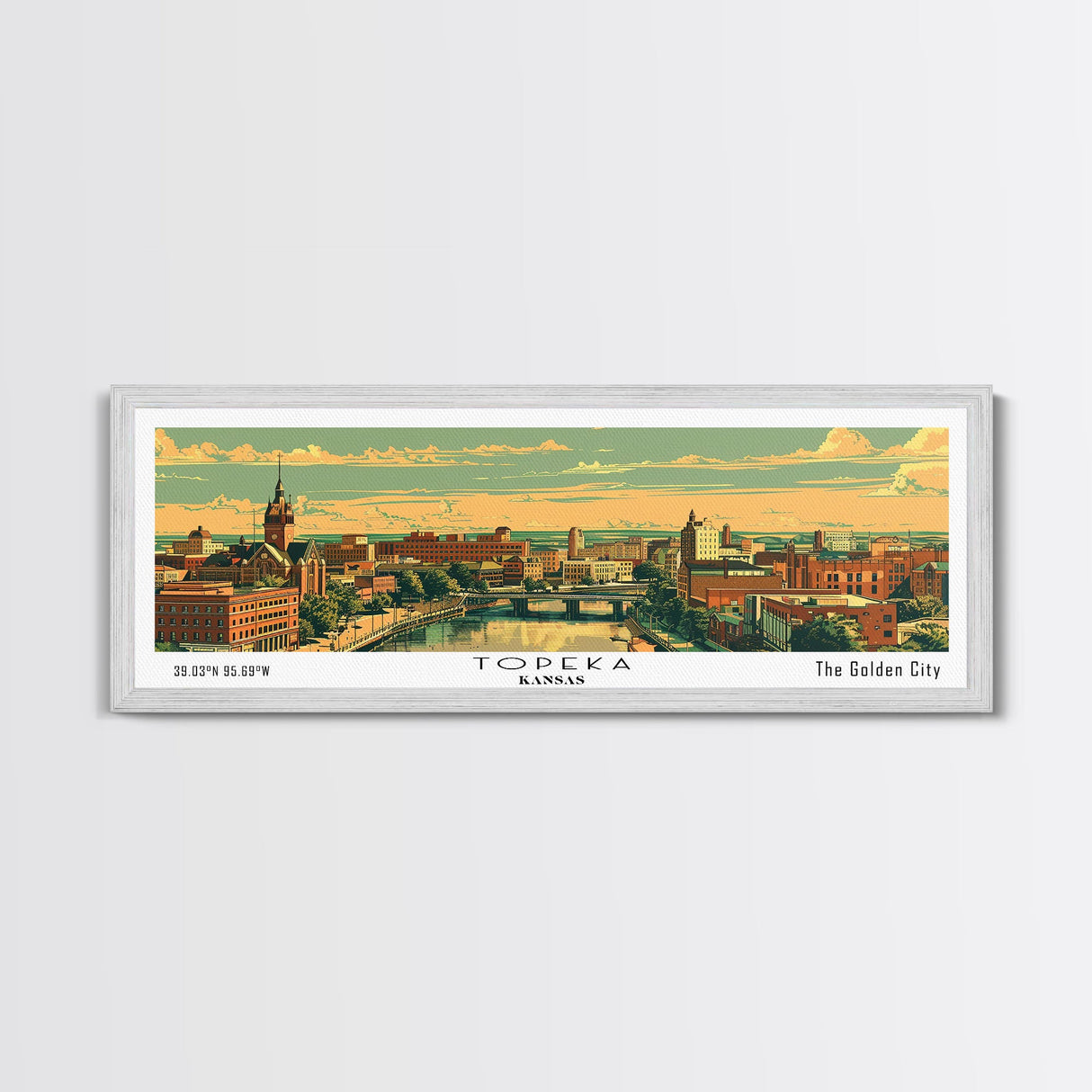 Topeka Kansas Panoramic Painting, Mid Century Modern Framed Canvas Print, Retro Pop Art Travel Poster, Home and Office Wall Art Decor