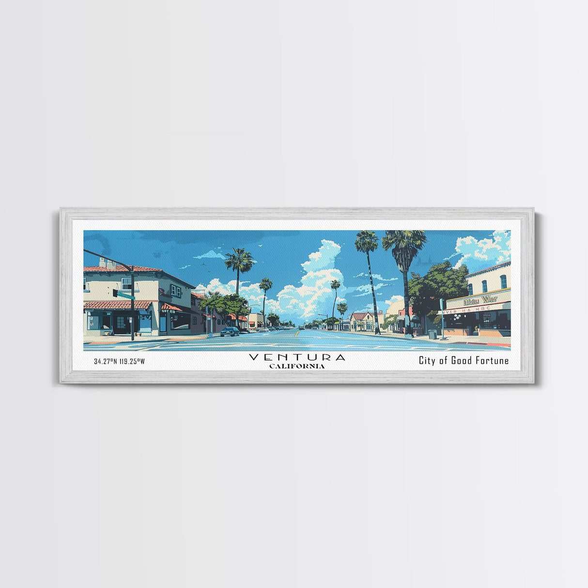 Ventura California Panoramic Painting, Mid Century Modern Framed Canvas Print, Retro Pop Art Travel Poster, City Print, Office Wall Art