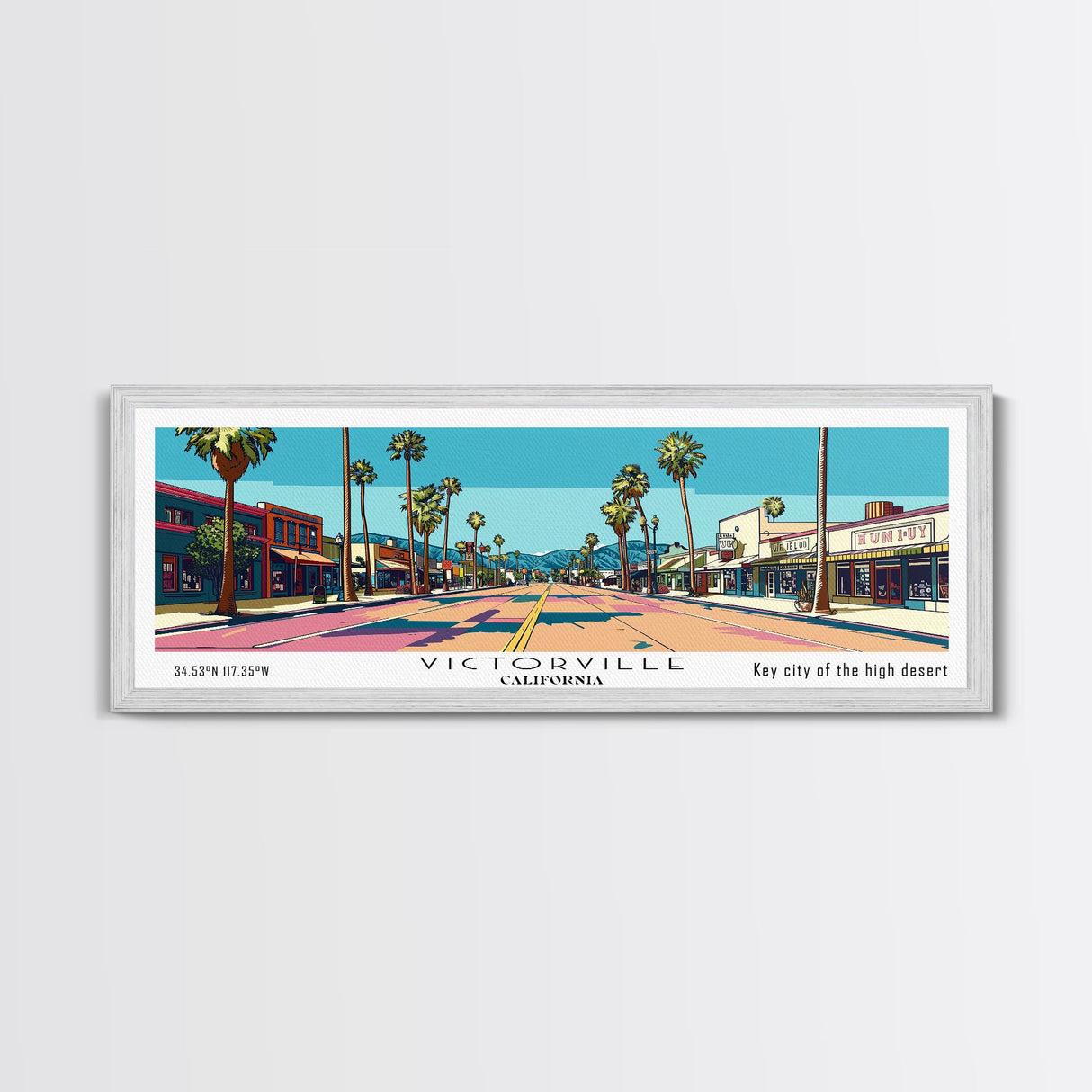 Victorville California Panoramic Art, Mid Century Modern Framed Canvas Print, Retro Pop Art Travel Poster, City Print, Living Room Decor