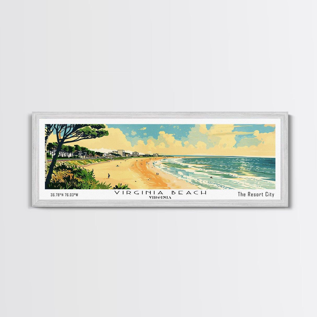 Virginia Beach Virginia Panoramic Painting, Mid Century Modern Framed Canvas Print, Retro Pop Art Travel Poster, Office Wall Art, Home Decoration