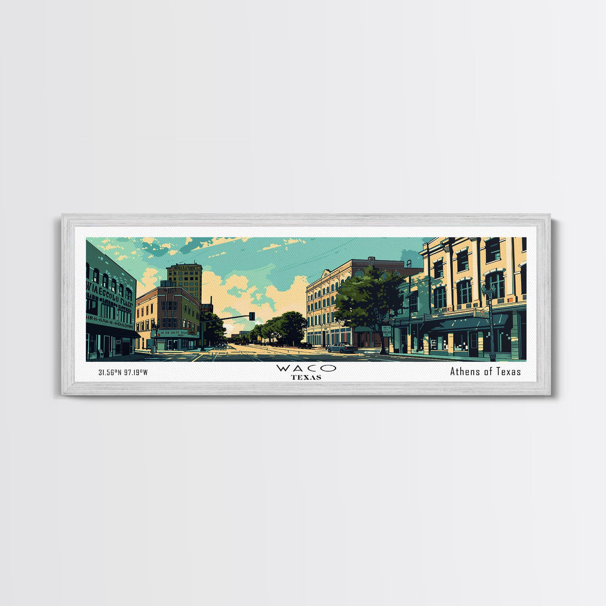 Waco Texas Panoramic Wall Art, Mid Century Modern Framed Canvas Print, Retro Pop Art Travel Poster, City Print, Living Room Decor