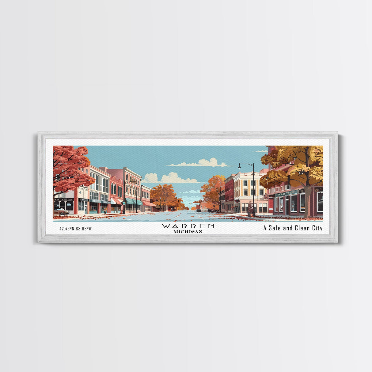 Warren Michigan Panoramic Painting, Mid Century Modern Framed Canvas Print, Retro Pop Art Travel Poster, Office Wall Art, Home Decoration