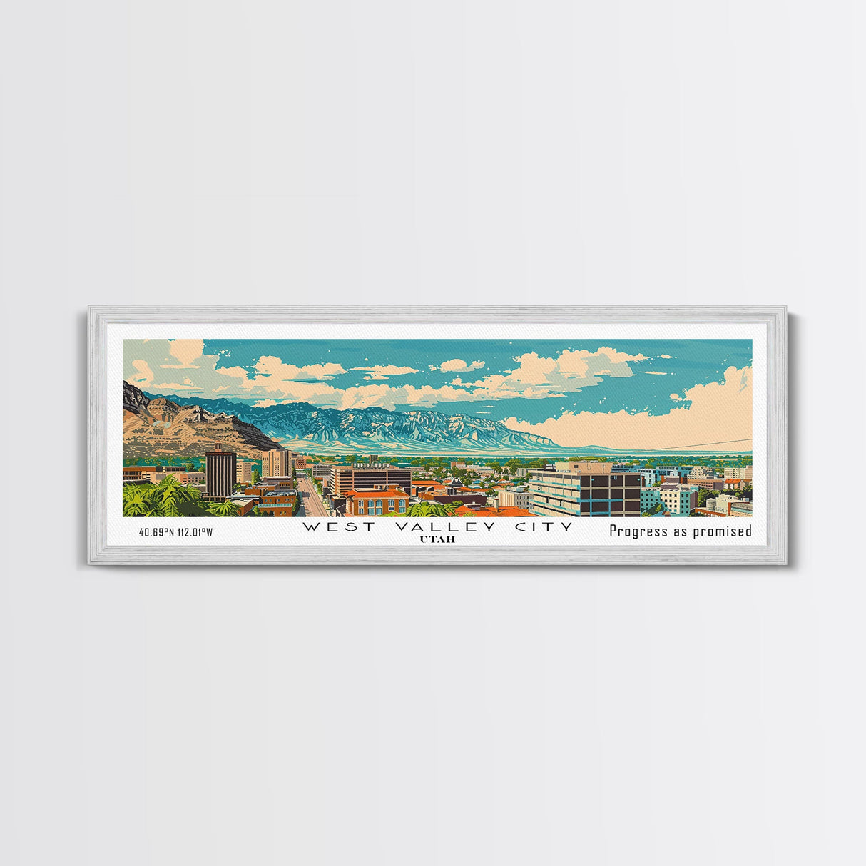 West Valley City Utah Panoramic Painting, Mid Century Modern Framed Canvas Print, Retro Pop Art Travel Poster, Office Wall Art, Home Decoration