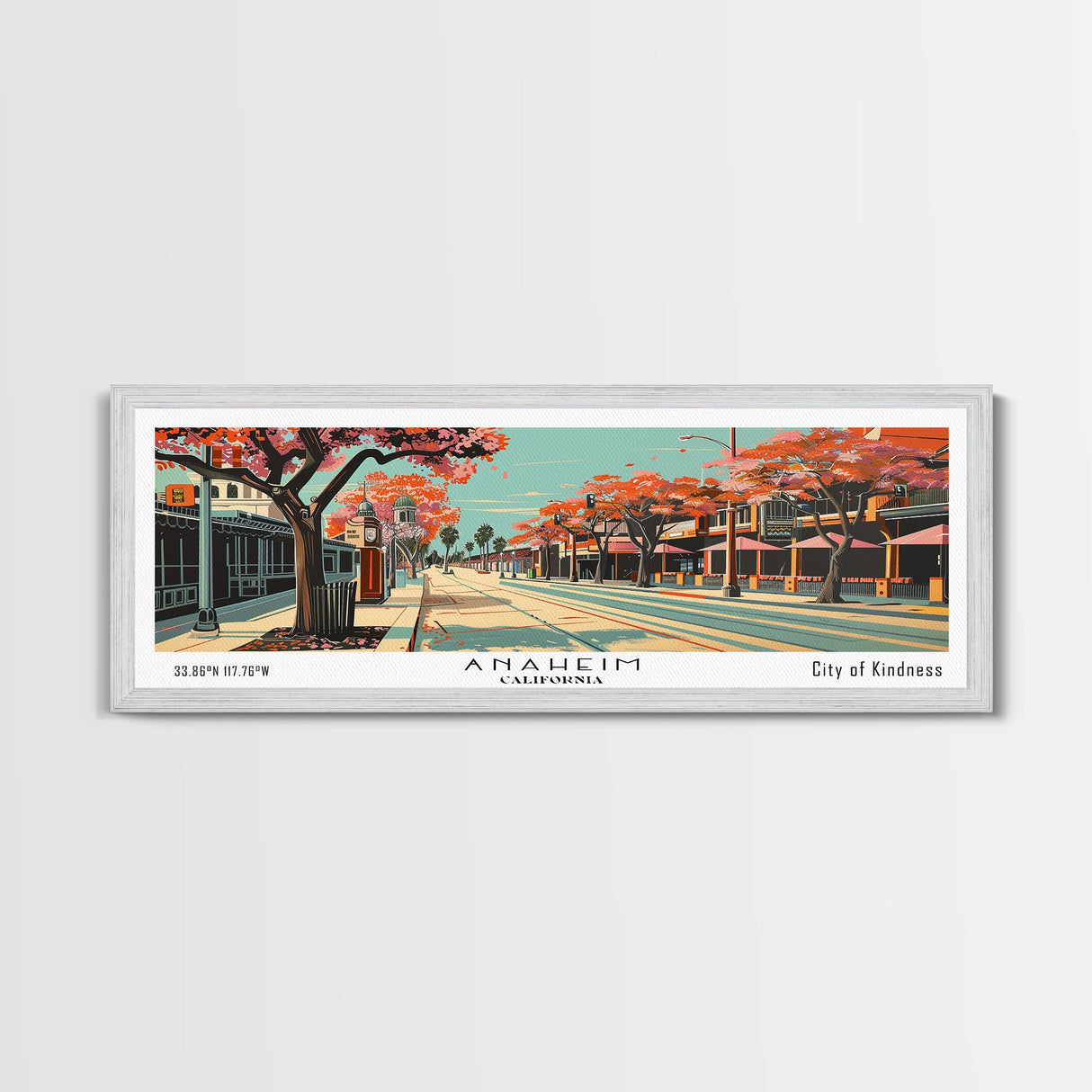 Anaheim California Panoramic Painting, Framed Canvas Print, Mid Century Modern Wall Art, Retro Pop Art Travel Poster, Office Decor, City Art