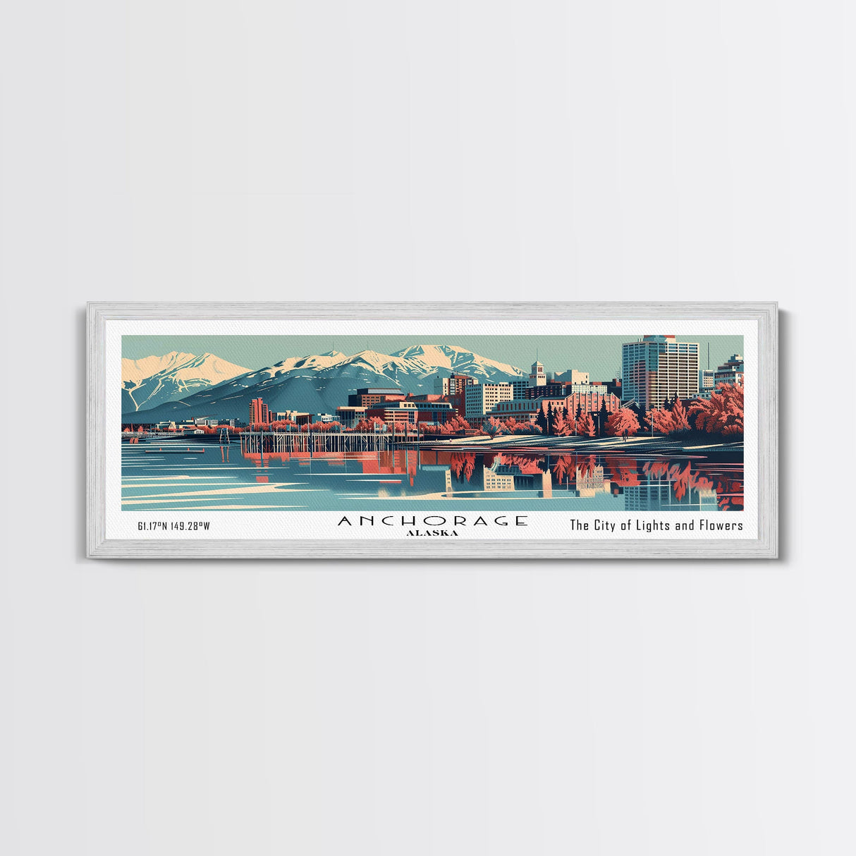 Anchorage Alabama Panoramic Painting, Framed Canvas Print, Mid Century Modern Wall Art, Retro Pop Art Travel Poster, Living Room Decor, City Art