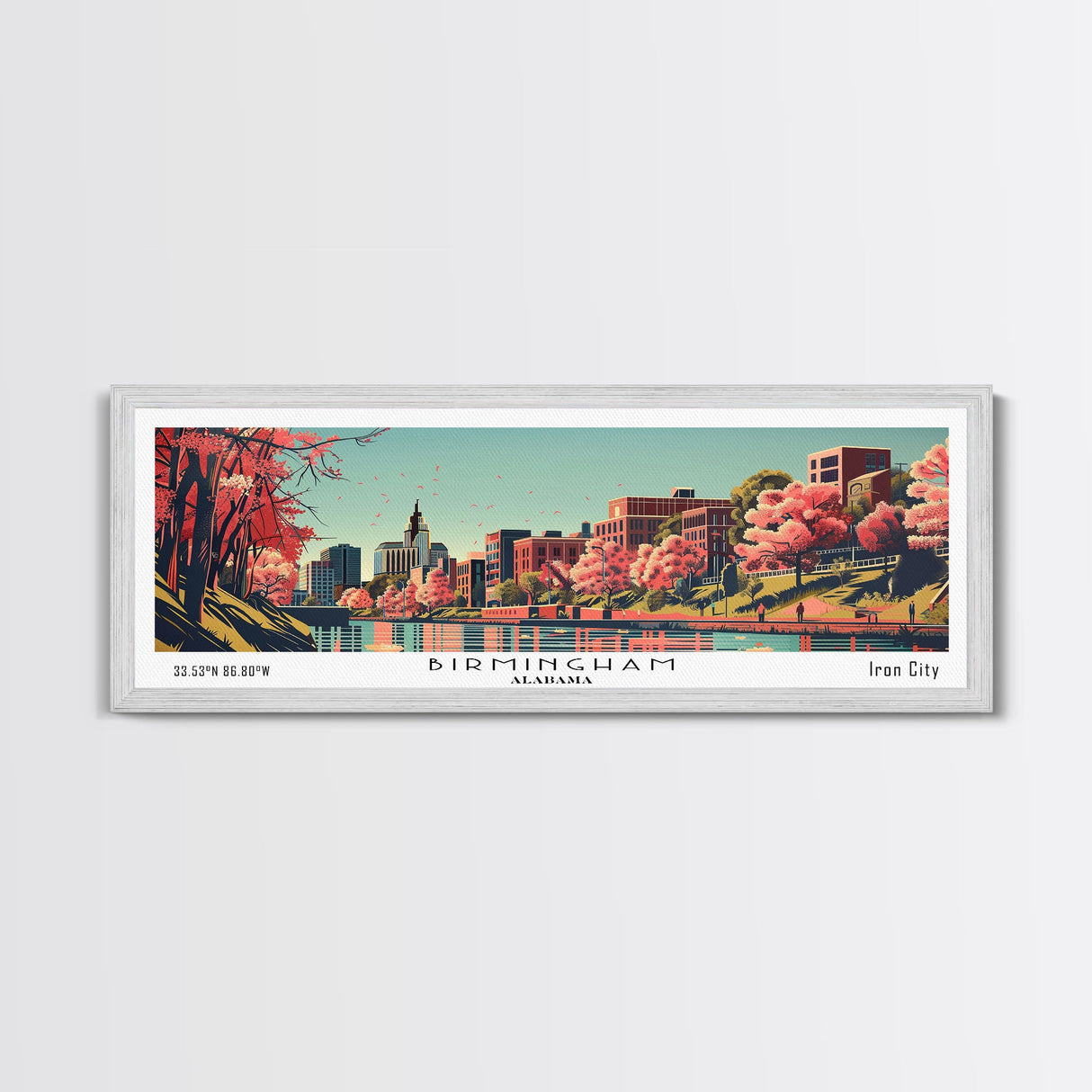 Birmingham Alabama Panoramic Painting, Framed Canvas Print, Mid Century Modern Wall Art, Retro Pop Art Travel Poster, Office Decor, City Art