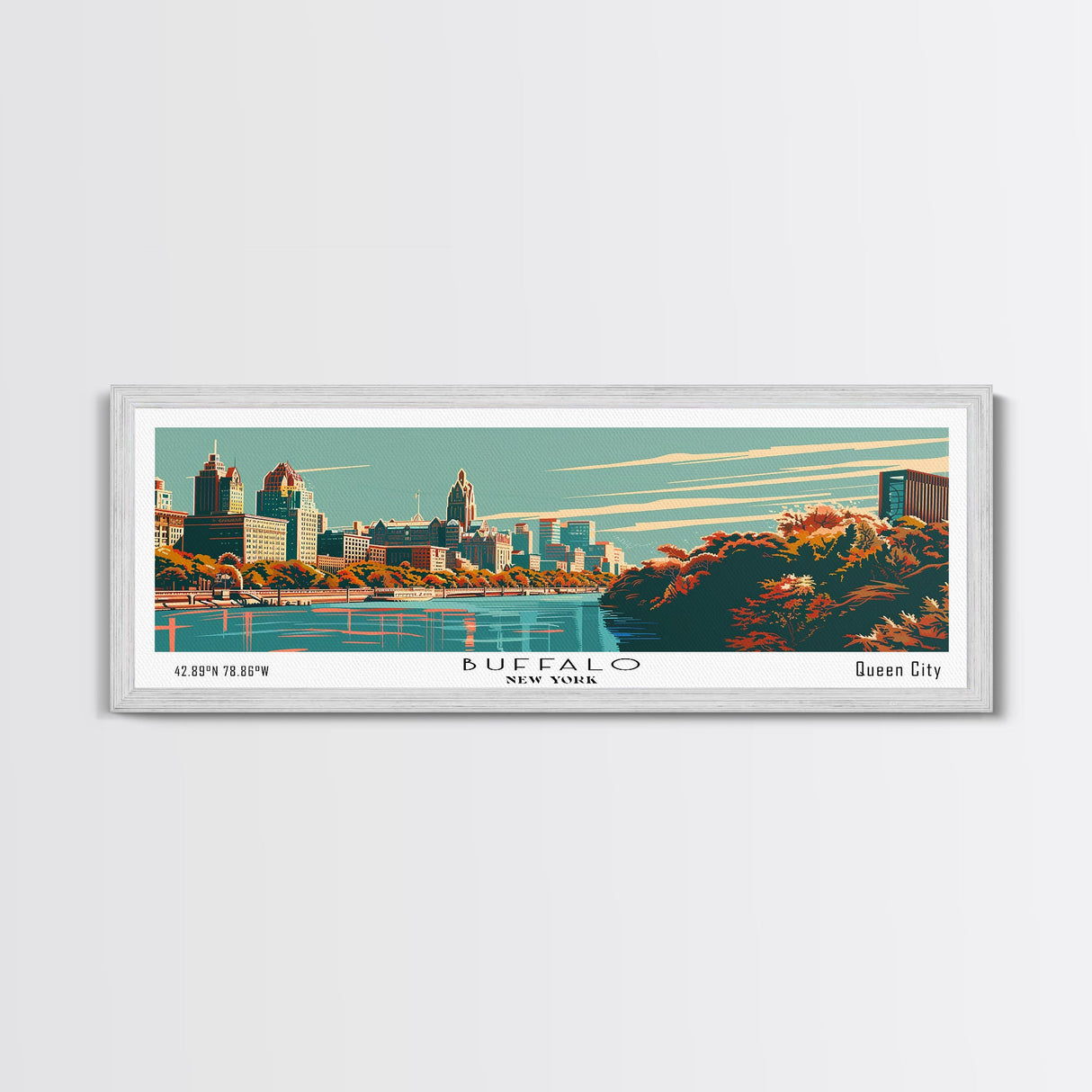 Buffalo New York Panoramic Painting, Framed Canvas Print, Mid Century Modern Wall Art, Retro Pop Art Travel Poster, Office Decor, City Art