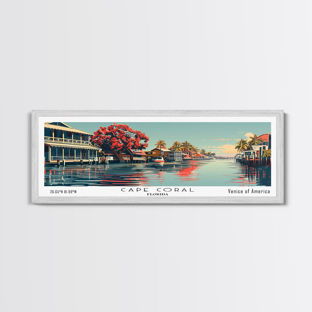 Cape Coral Florida Panoramic Painting, Framed Canvas Print, Mid Century Modern Wall Art, Retro Pop Art Travel Poster, Home Decor, City Art