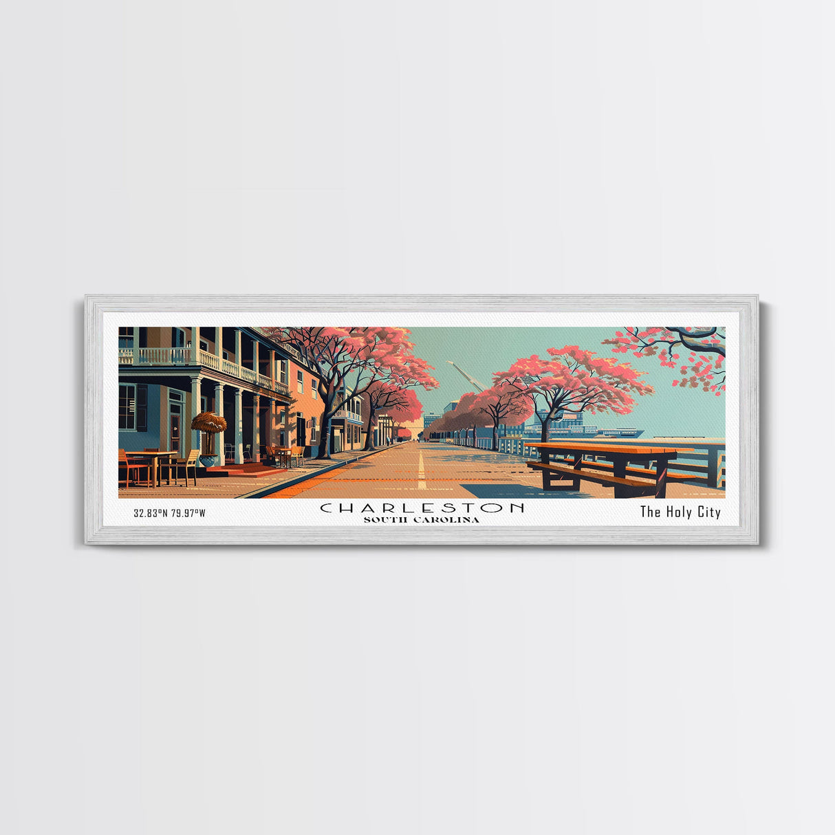 Charleston South Carolina Panoramic Painting, Framed Canvas Print, Mid Century Modern Wall Art, Retro Pop Art Travel Poster, Home Decor, City Art