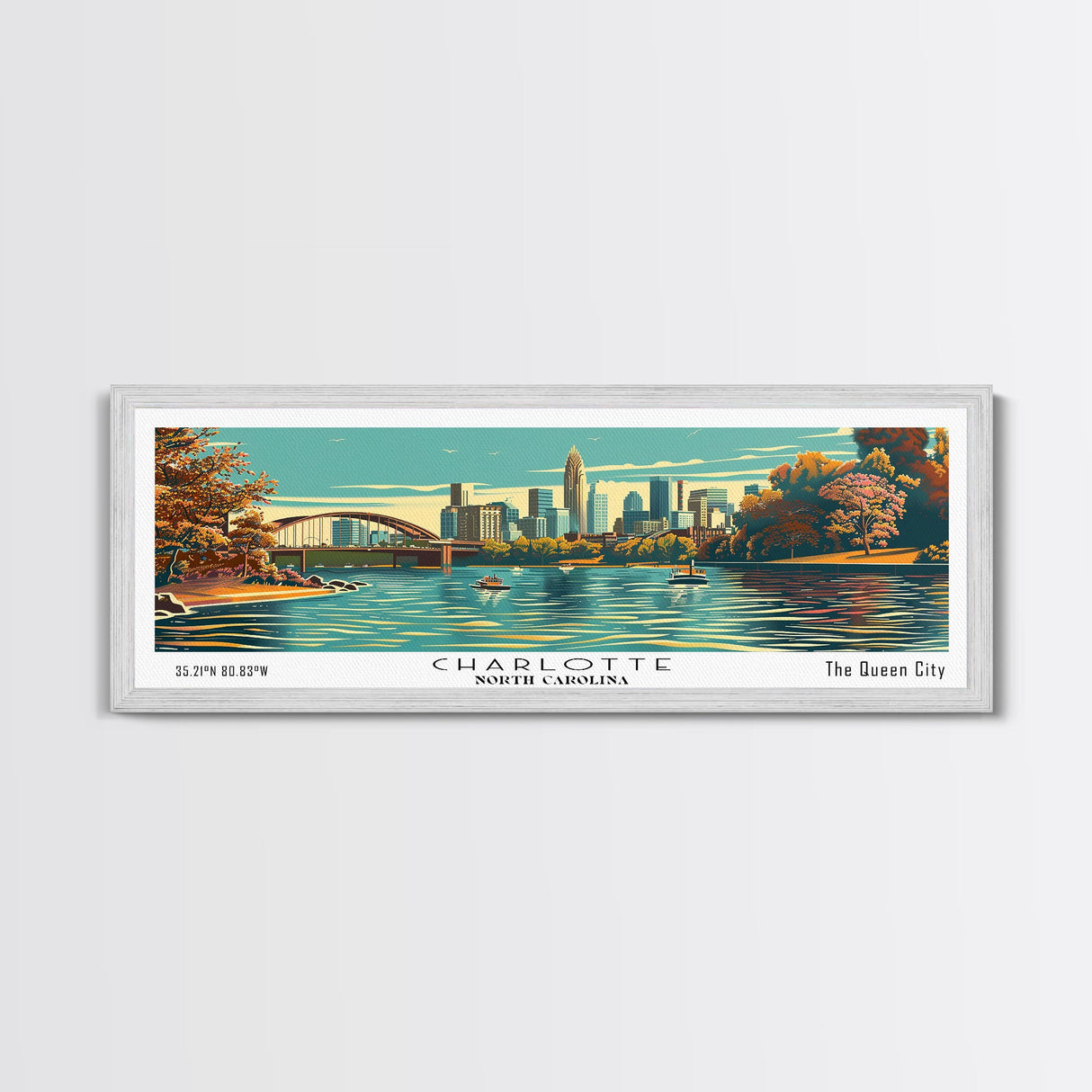 Charlotte North Carolina Panoramic Painting, Framed Canvas Print, Mid Century Modern Wall Art, Retro Pop Art Travel Poster, Living Room Decor, City Art