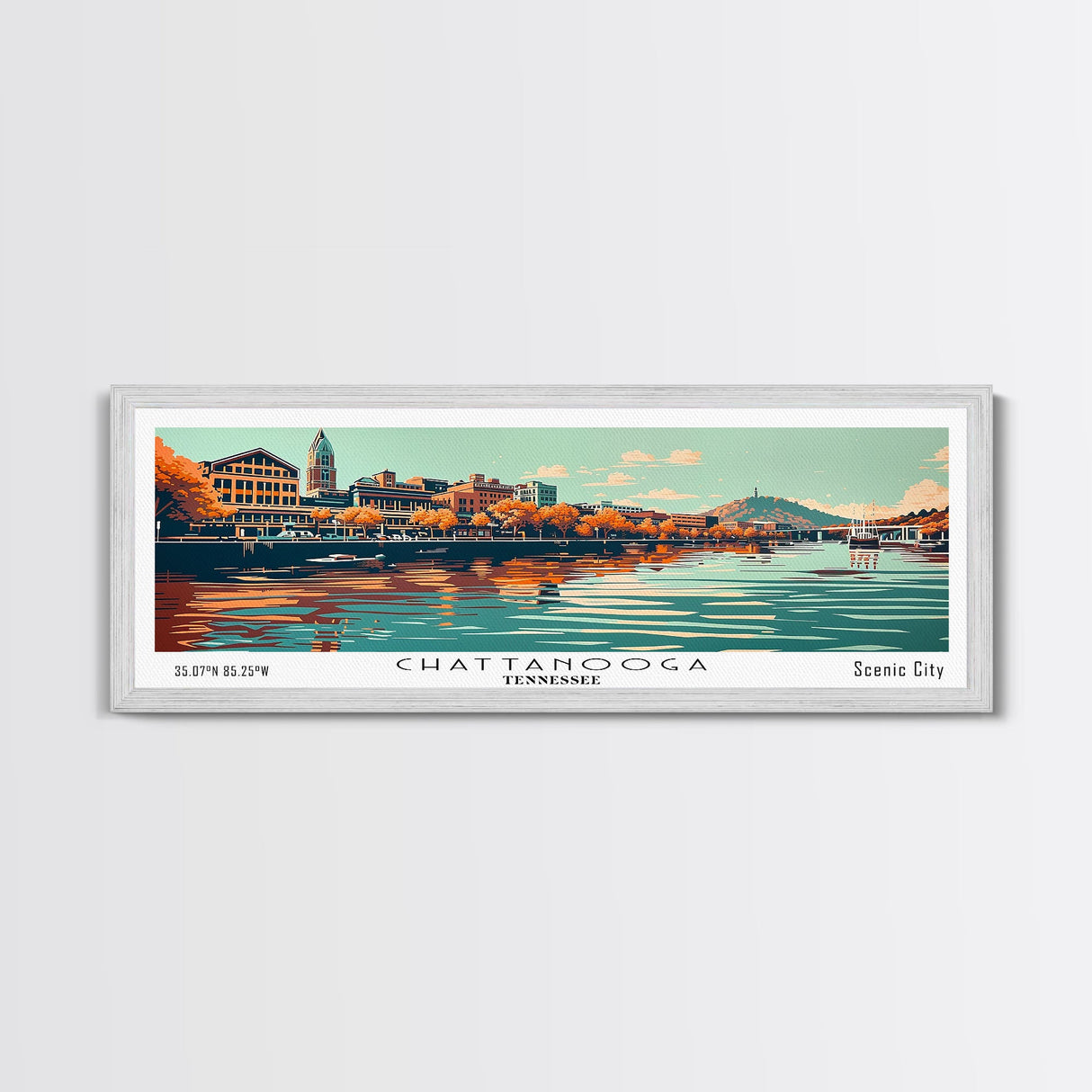 Chattanooga Tennessee Panoramic Painting, Framed Canvas Print, Mid Century Modern Wall Art, Retro Pop Art Travel Poster, Office Decor, City Art