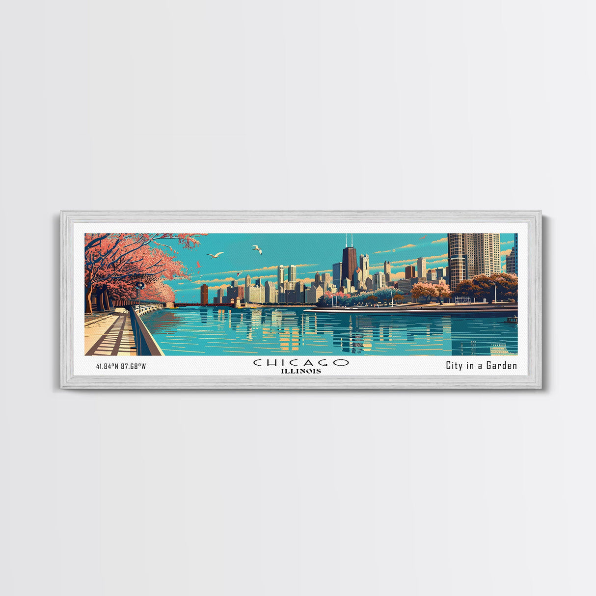 Chicago Illinois Panoramic Painting, Framed Canvas Print, Mid Century Modern Wall Art, Retro Pop Art Travel Poster, Office Decor, City Art