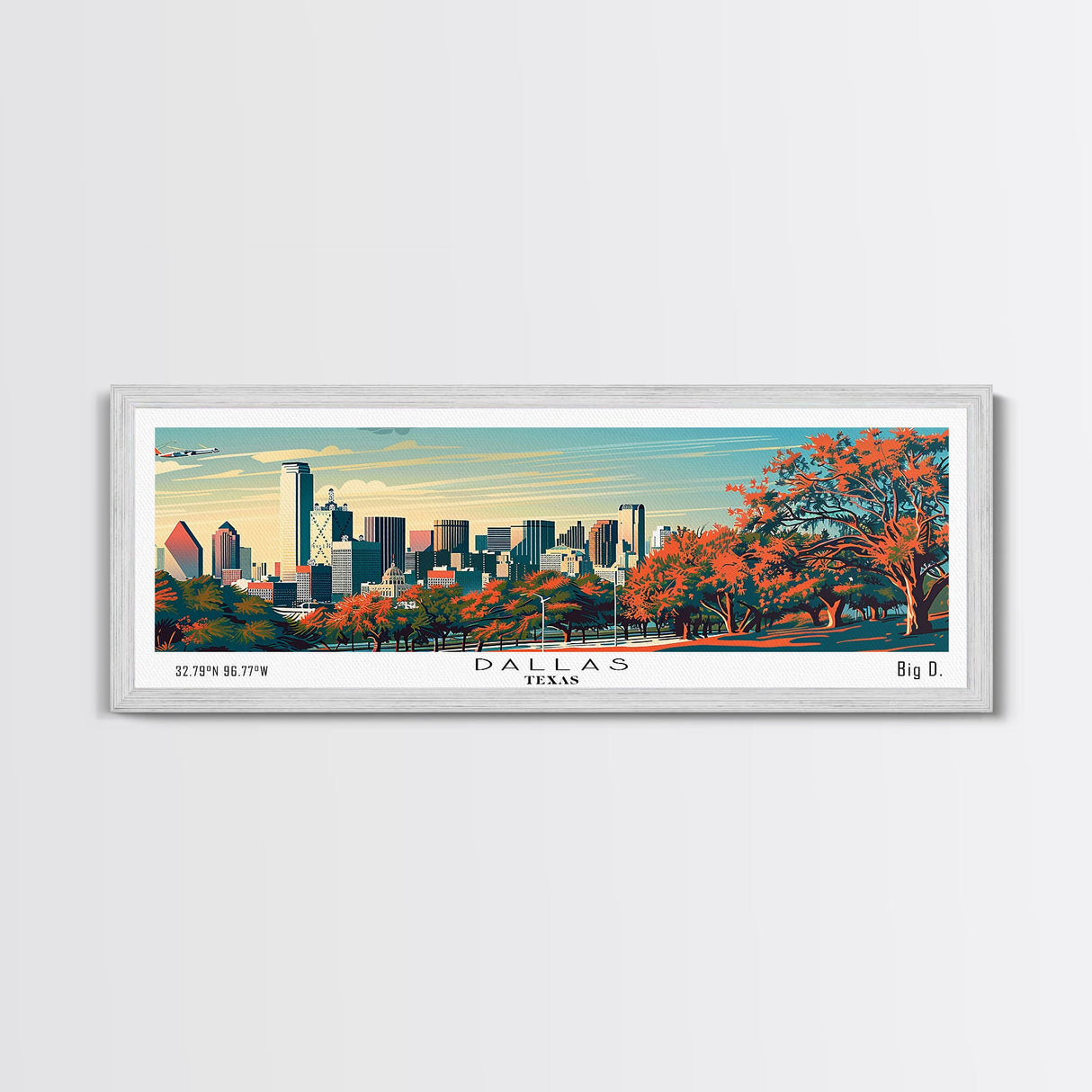 Dallas Texas Panoramic Painting, Framed Canvas Print, Mid Century Modern Wall Art, Retro Pop Art Travel Poster, Home Decor, City Art