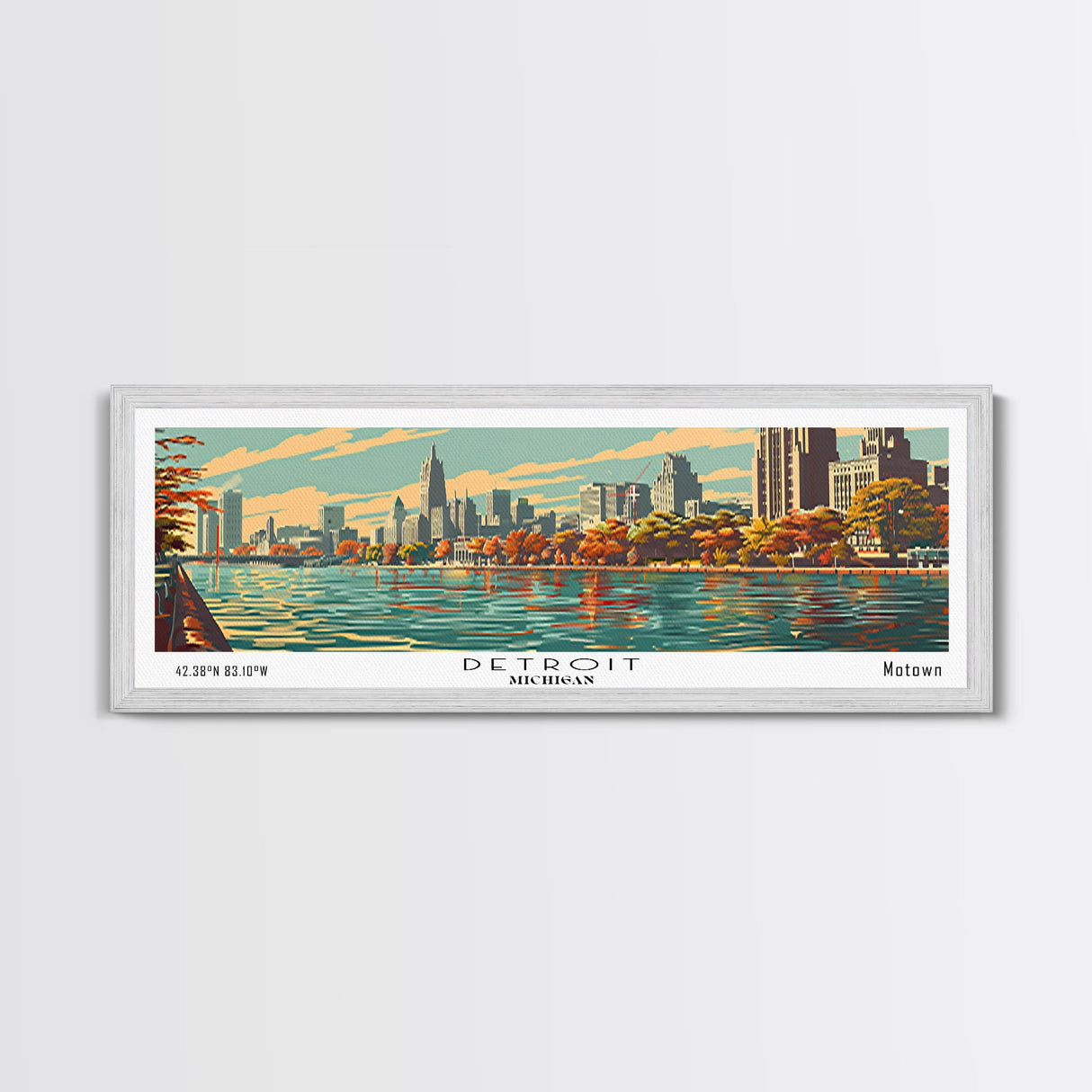 Detroit Michigan Panoramic Painting, Framed Canvas Print, Mid Century Modern Wall Art, Retro Pop Art Travel Poster, Office Decor, City Art